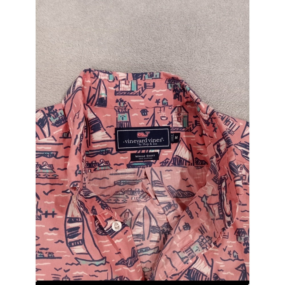 Mens Vineyard Vines Whale Short Sleeve Shirt Sailboats Pink Blue Medium